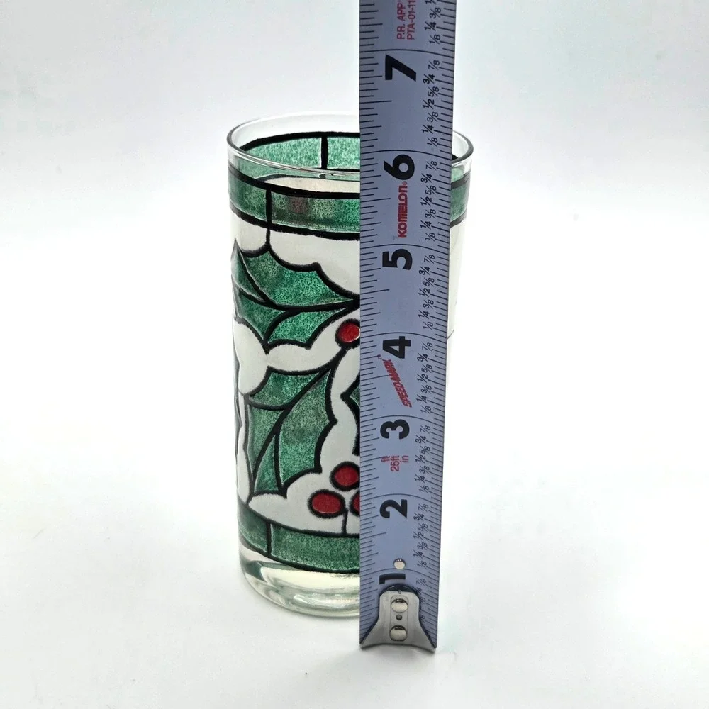 West Virginia Snowy Holly Berry Stained Glass Tumblers Lot of 7 Holiday 12oz